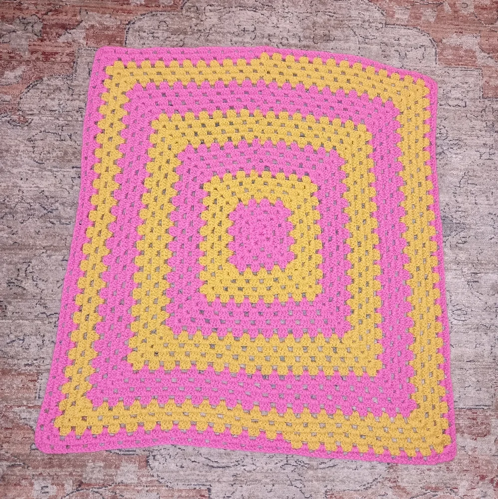 Granny Square Hand Made Crochet Hot Pink yellow Small Lap Blanket